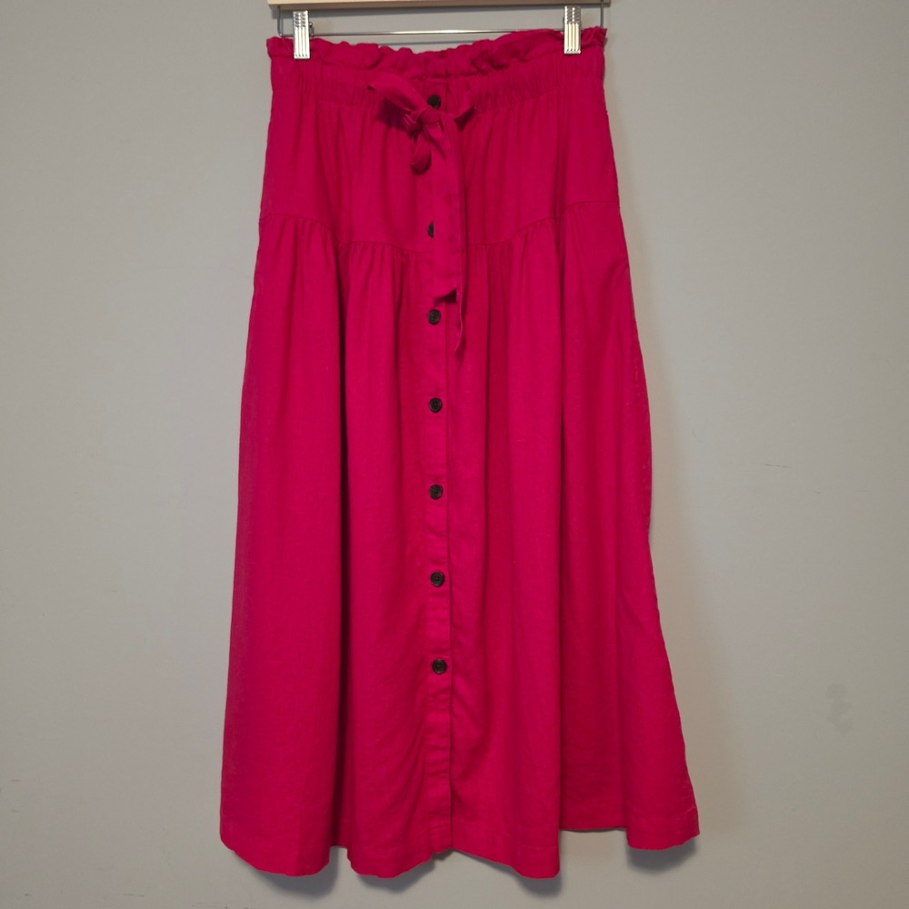 Universal Thread Pink Linen Blend Tiered Button Front Paperbag Midi Skirt Small